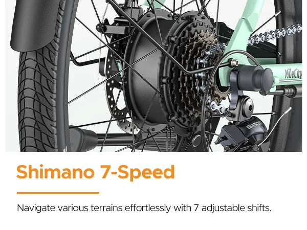 Close-up of a bicycle's rear wheel with Shimano 7-speed gear system on a white background.