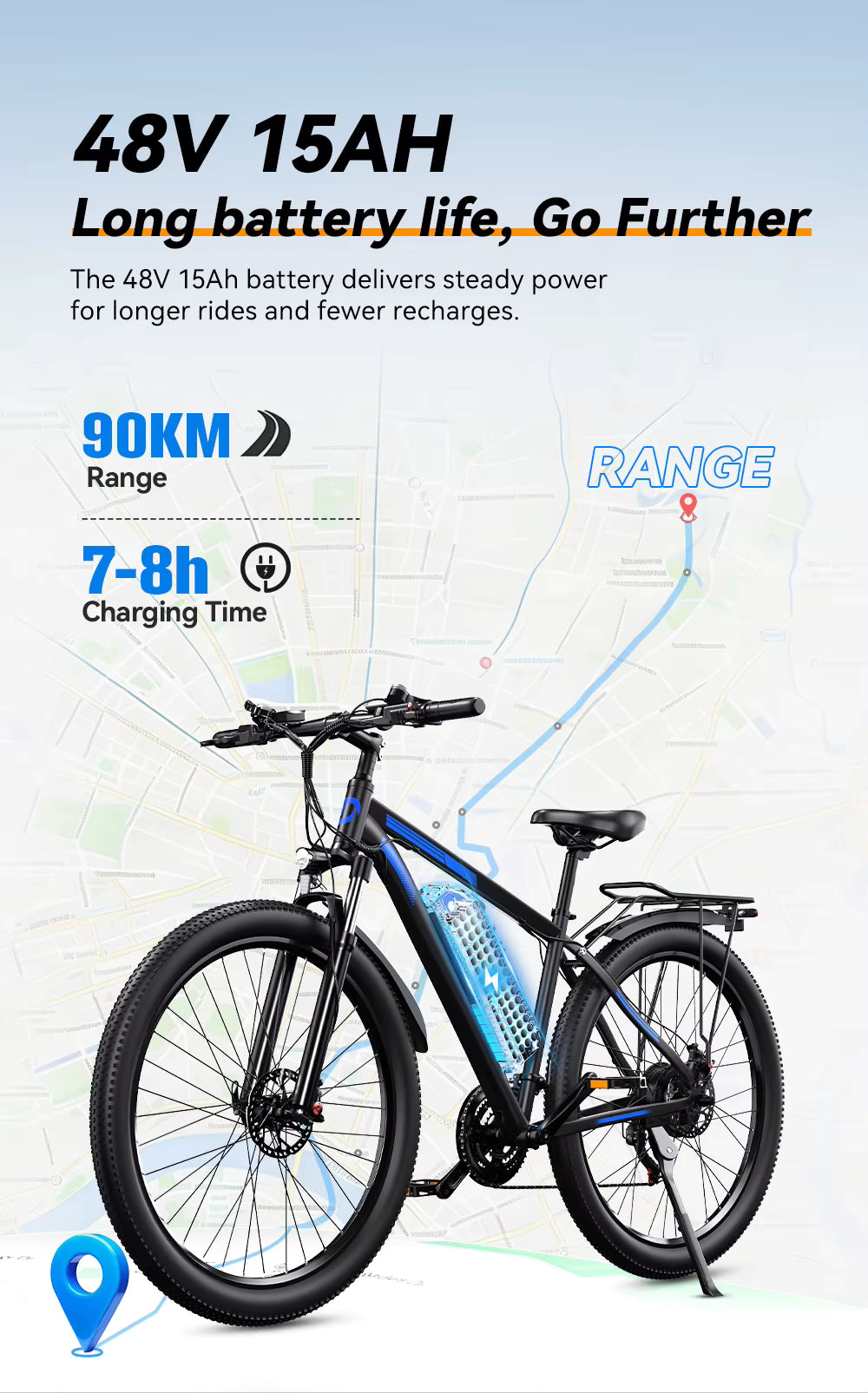 Electric bike with 48V 15AH battery information on a map background
