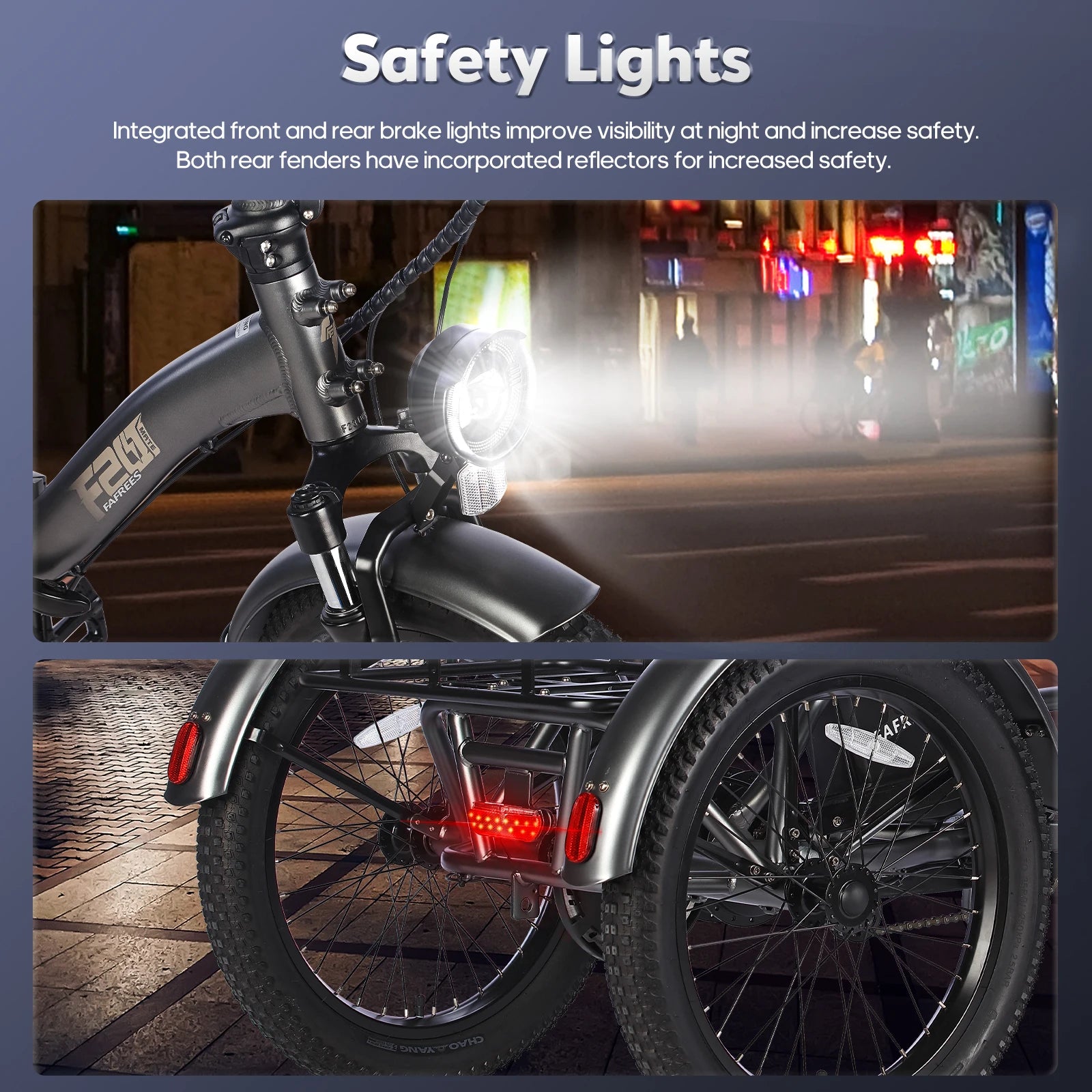 Electric Bicycle with safety lights on a dark street at night