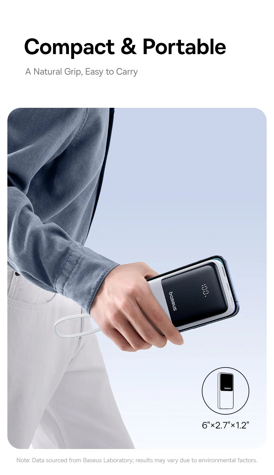 Hand holding a compact electronic device with text highlighting its portability.