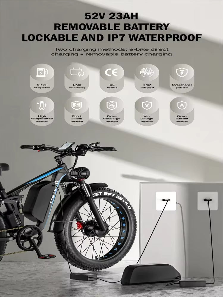  E‑BYCCO EB7 Pro Electric bike with a removable battery pack on a gray background, featuring certification logos.