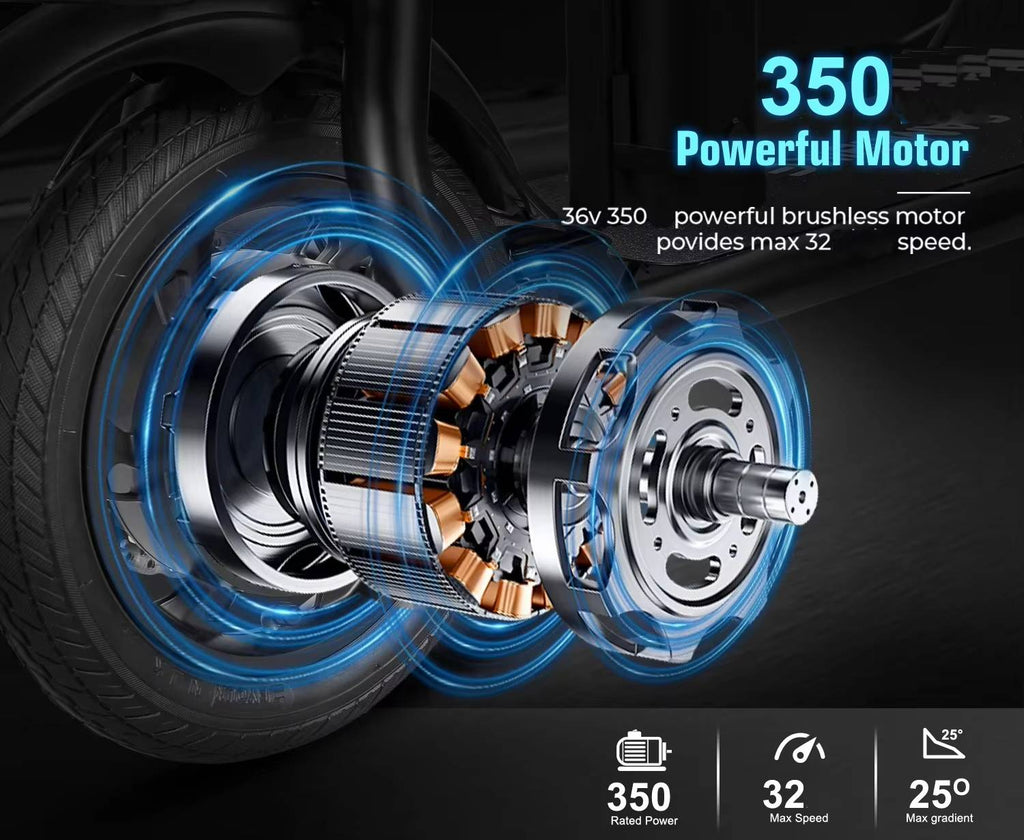 Close-up of a SAMEBIKE CY20 powerful brushless motor with technical specifications on a dark background