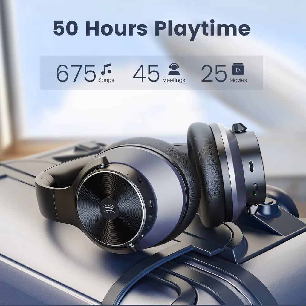 Black OneOdio A10 Hybrid ANC Over-Ear Bluetooth headphones on a car dashboard with 50 hours playtime display.