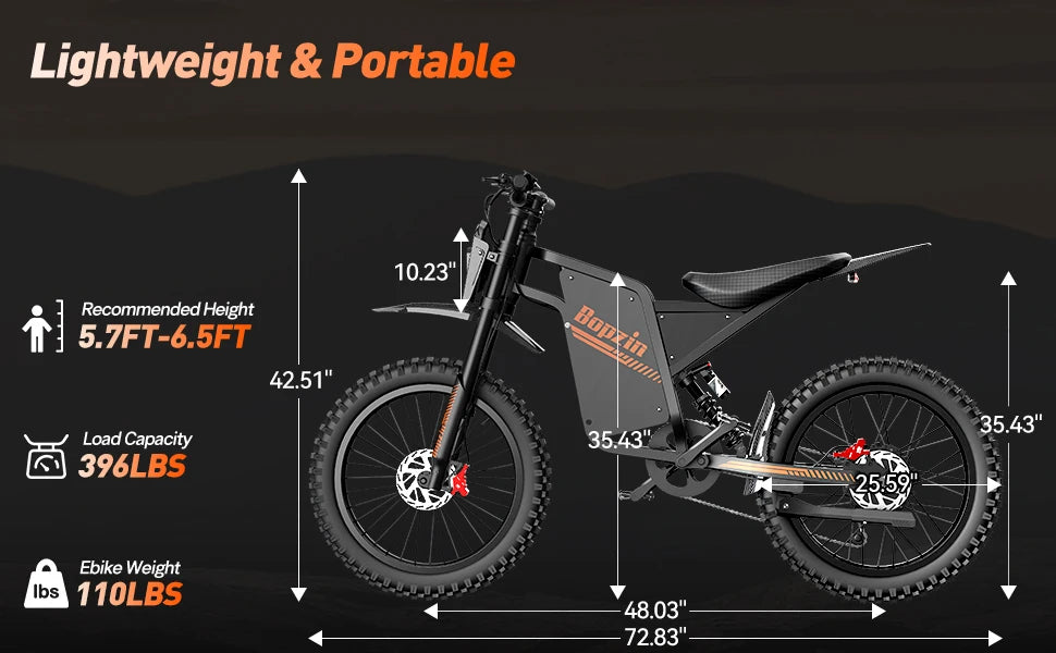 Lightweight and portable txt showing the dimensions and sizing for this electric bike. It also shows the recommended suitable sizing guide for the riders of different height, the suitable recommended height for the rider.