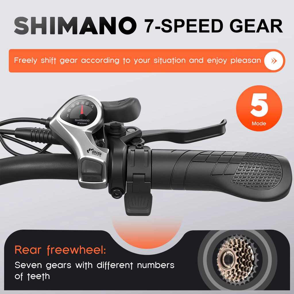 EMOKO EC27 Electric Bicycle handlebar with Shimano 7-speed gear system on a gray background