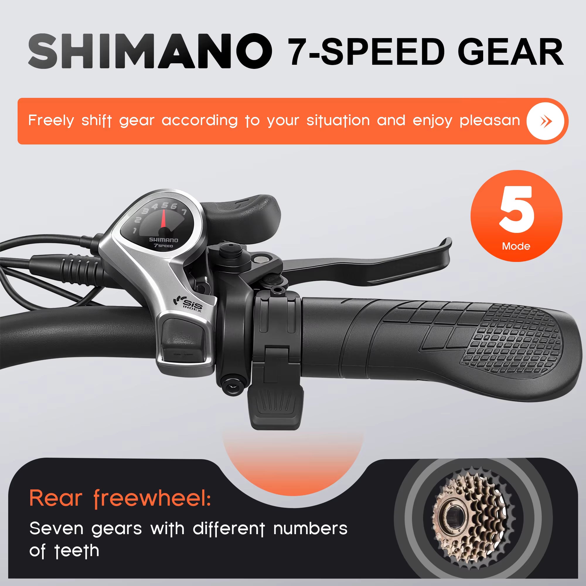 EMOKO EC27 Electric Bicycle handlebar with Shimano 7-speed gear system on a gray background
