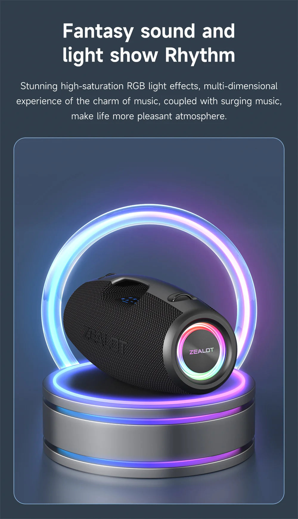 Black electronic device with colorful light effects on a dark background