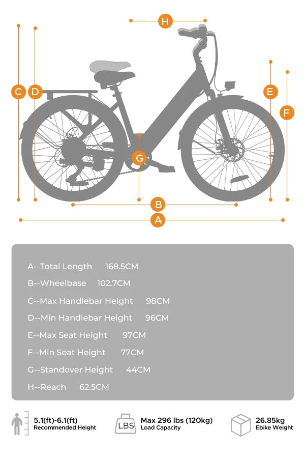 Bicycle dimensions chart with labeled parts and measurements.