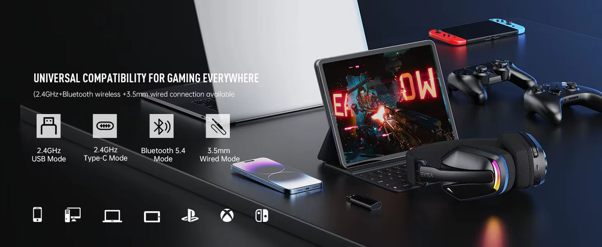 Gaming device with accessories on a dark surface, featuring text about universal compatibility.