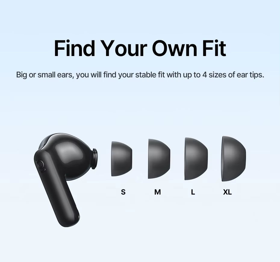 Baseus EP10 earbuds Black wireless earbuds with interchangeable ear tips on a light blue background