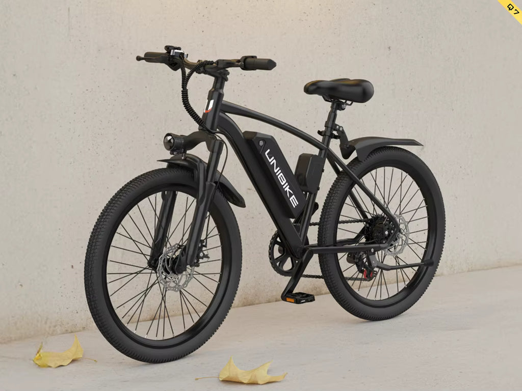 Black electric bike Aairsk Q7 with 'UNIBIKE' branding on a light gray background