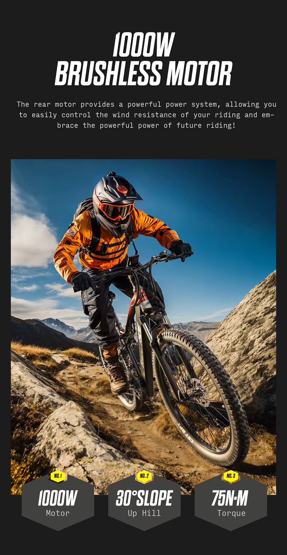 Person riding a mountain bike on a trail with promotional text about a 1000W brushless motor system.