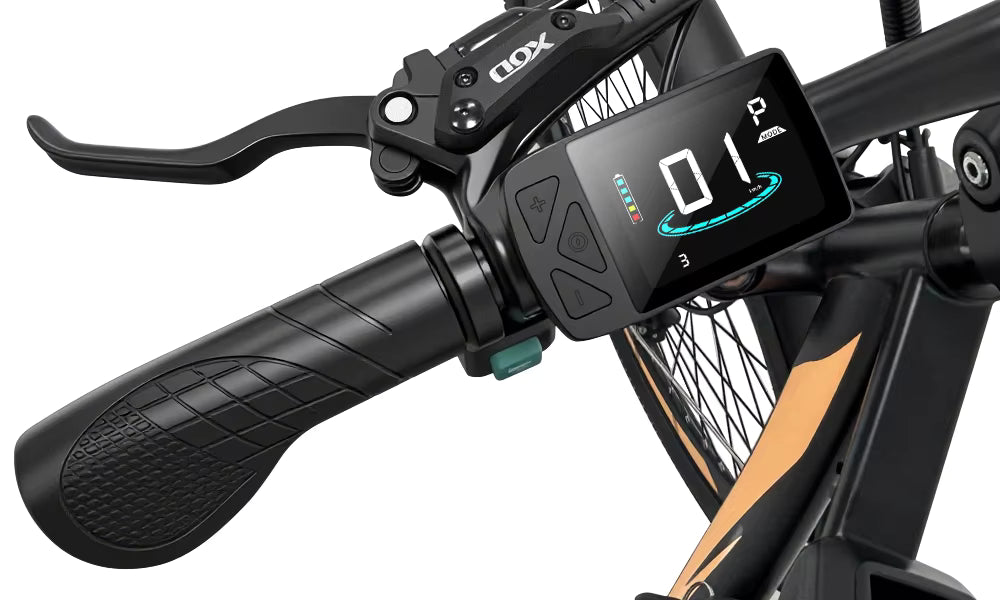Close-up of an EMOKO EC27 electric bicycle handlebar with a digital display and brake lever on a white background