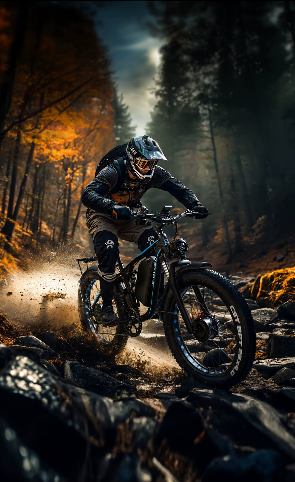 Person riding a E‑BYCCO EB7Pro mountain bike through a forest at night