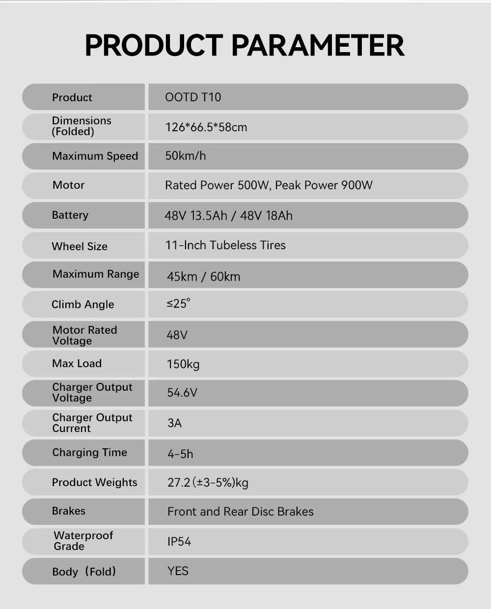 Product parameter table for OOTD T10 scooter with detailed specifications.