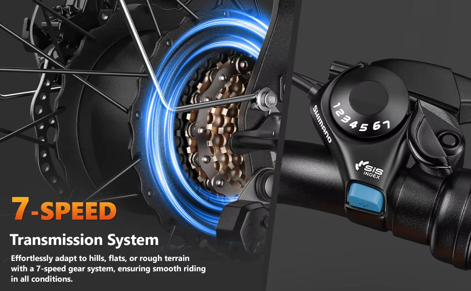 Close-up of an electric bicycle gear system with a 7-speed transmission system highlighted.