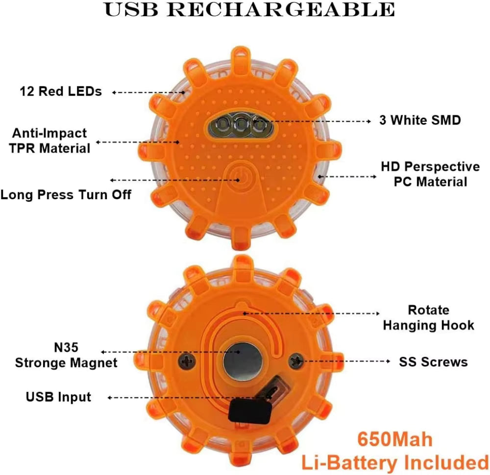 Technical diagram detailing the 650mAh lithium battery, 12 red LEDs, magnetic base, and 360-degree fold-out hanging hook on VARELO road flare