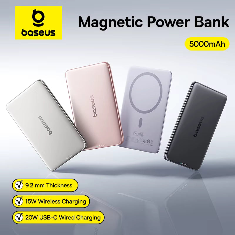 Baseus magnetic power bank with four color options on a gray background with txt overlay of features