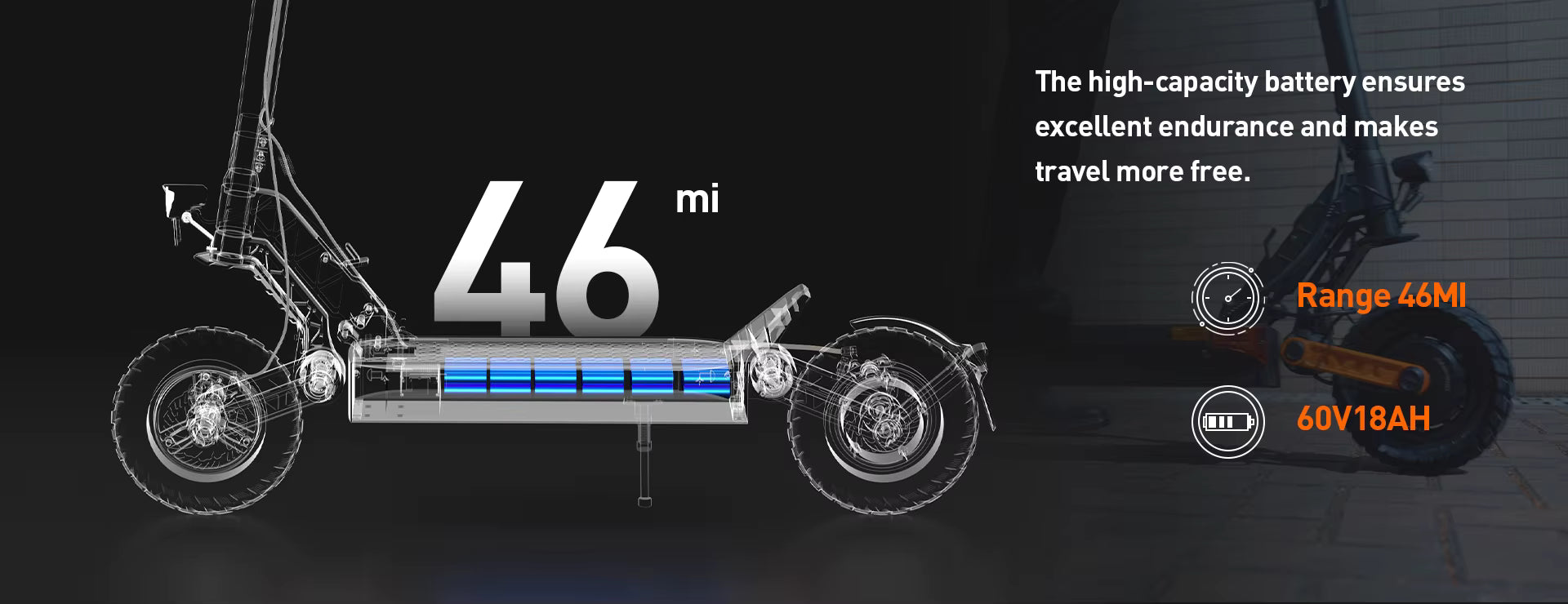 Electric scooter with battery display and range information on a dark background