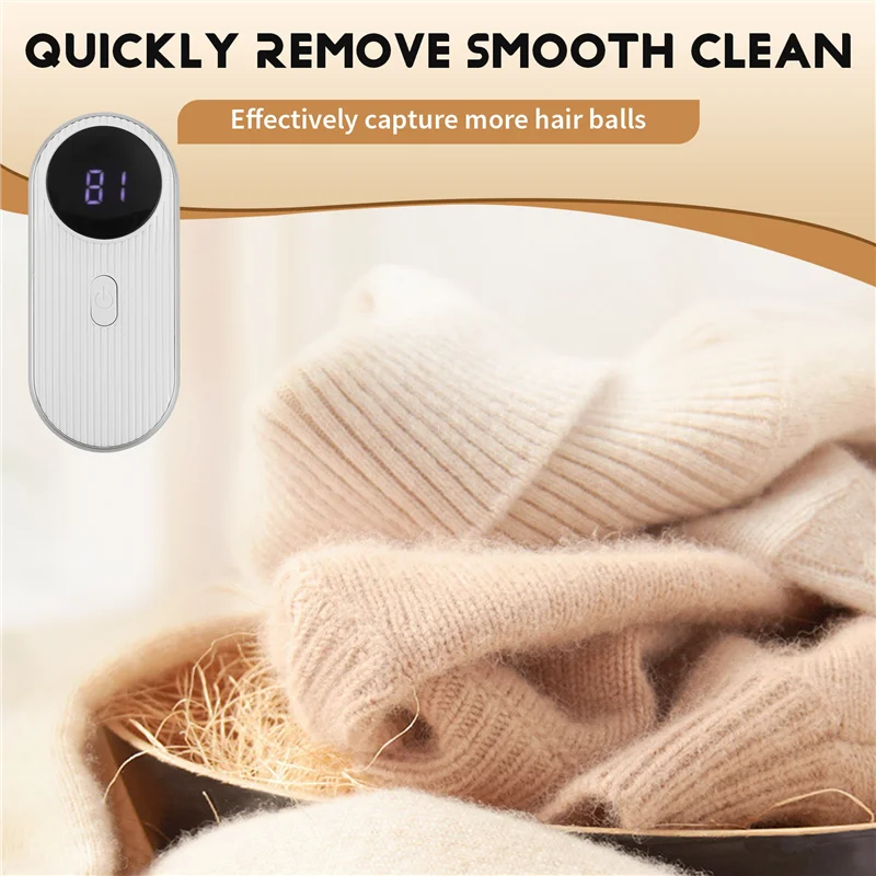 Electric rechargeable fabric shaver beside soft beige knitted sweater showing smooth clean fabric after lint removal with digital display highlighting quick efficient garment care.