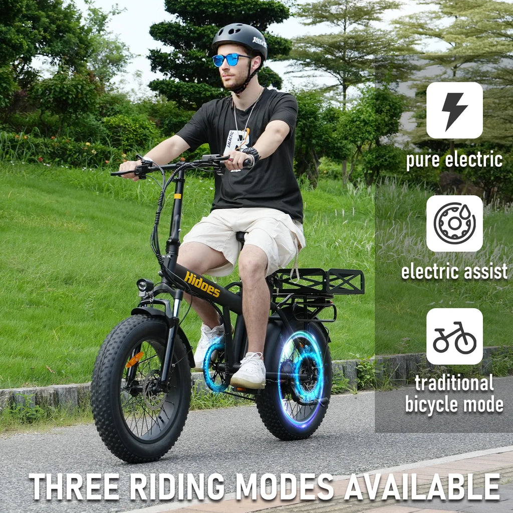 Person riding a Hidoes HD-F3PRO electric bike with three riding mode options displayed.