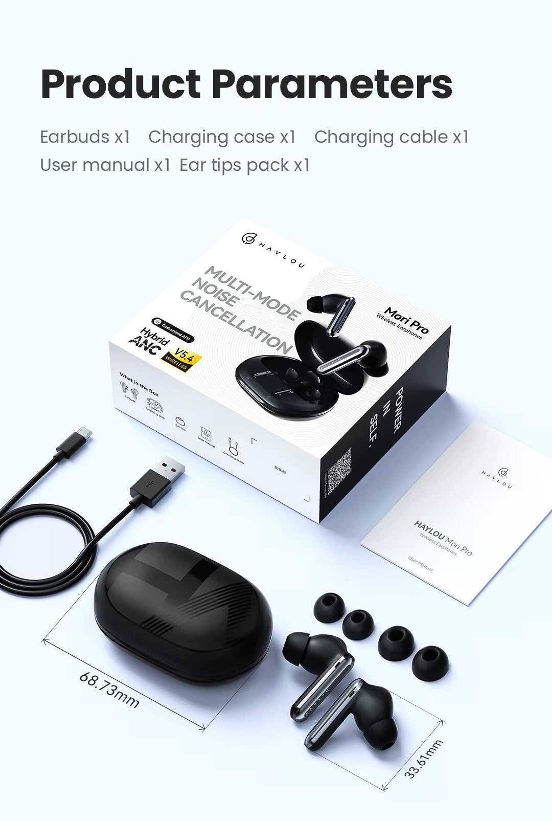 HAYLOU Mori Pro wireless earbuds package contents, charging cable, and eartips