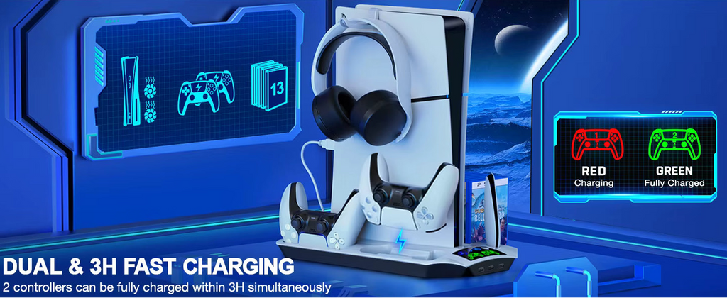 Dual fast charging dock station for PS5 controllers with LED charging status indicators