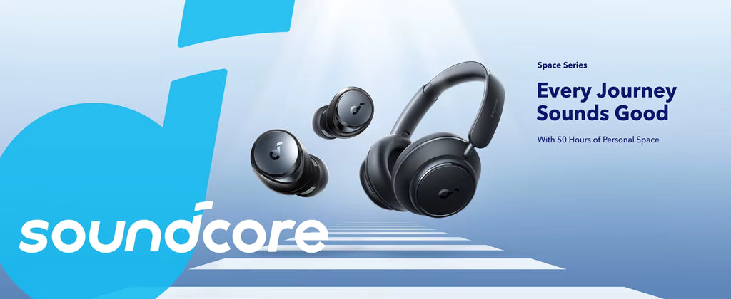 Soundcore Space Series over-ear wireless headphones with two small earbuds floating beside them on a blue and white promotional background. Text on the right reads 'Every Journey Sounds Good' and 'With 50 Hours of Personal Space.