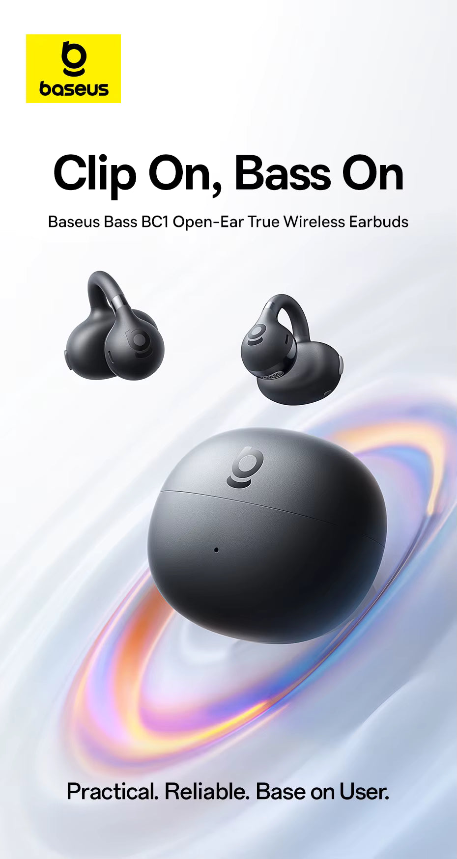 Baseus open-ear true wireless earbuds with charging case on a white background