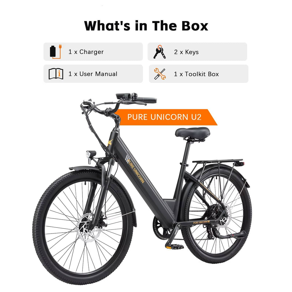 PURE UNICORN U2 Electric bike with 'PURE UNICORN U2' branding and list of included items on a white background.