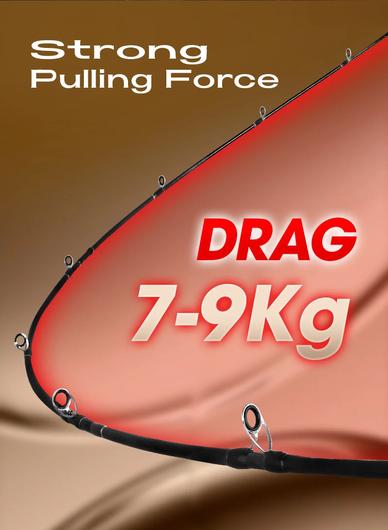 Fishing drag system with text 'Strong Pulling Force' and 'DRAG 7-9Kg' on a brown background