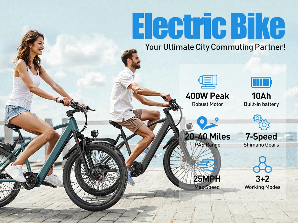 Two people riding electric bikes with product features displayed on a cloudy sky background