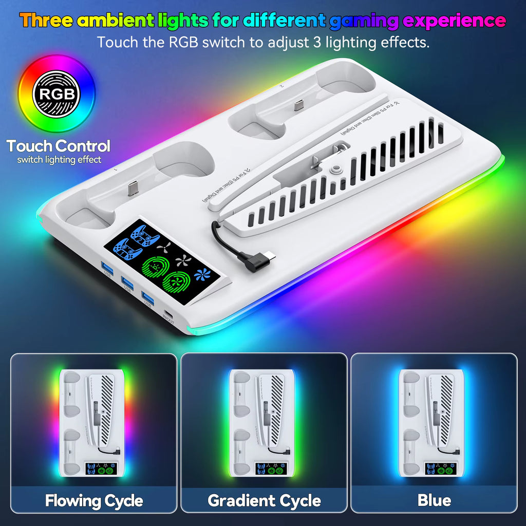 Touch control panel and RGB lighting modes including breathing cycle, gradient, and solid blue display