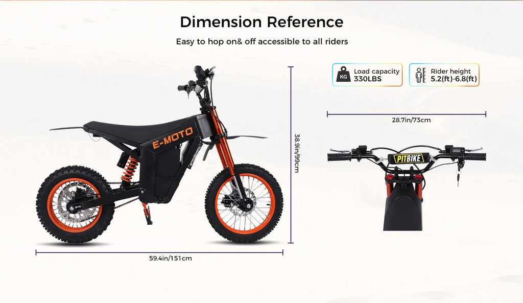 E-moto electric mountain bike dimensions displayed on a white background