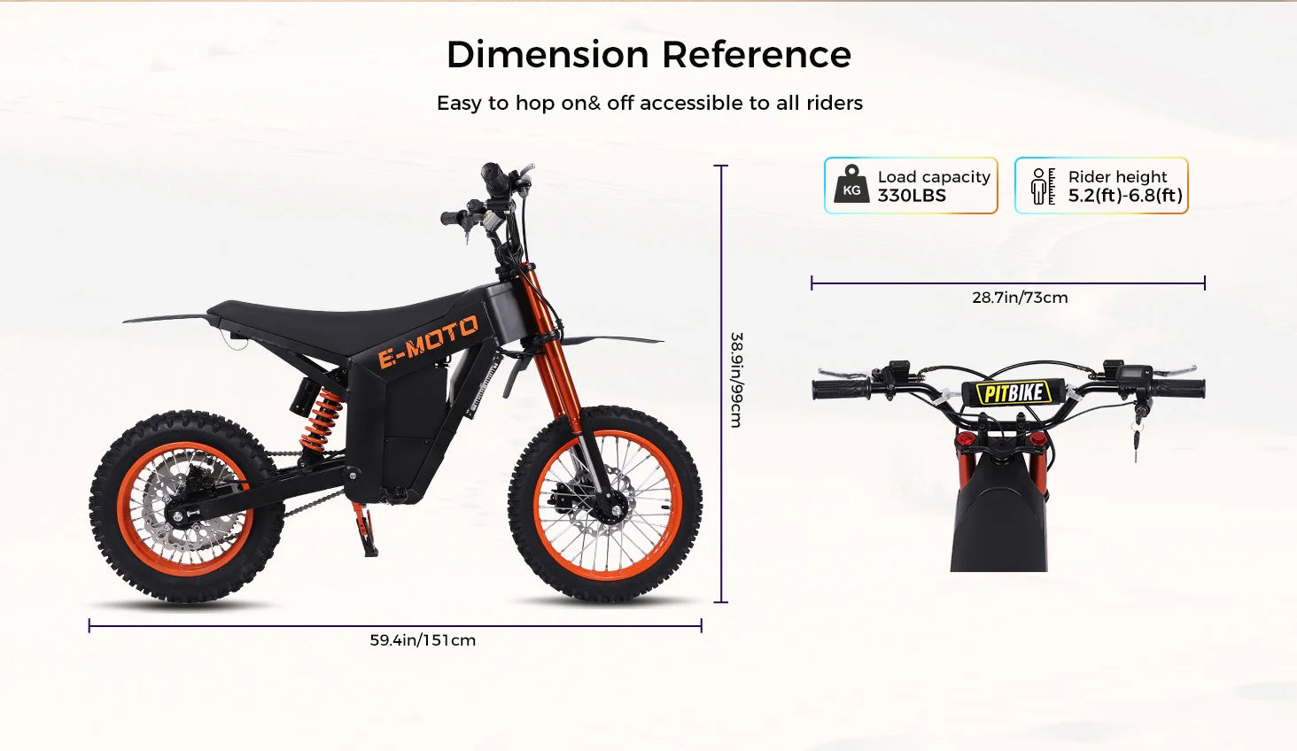 E-moto electric mountain bike dimensions displayed on a white background