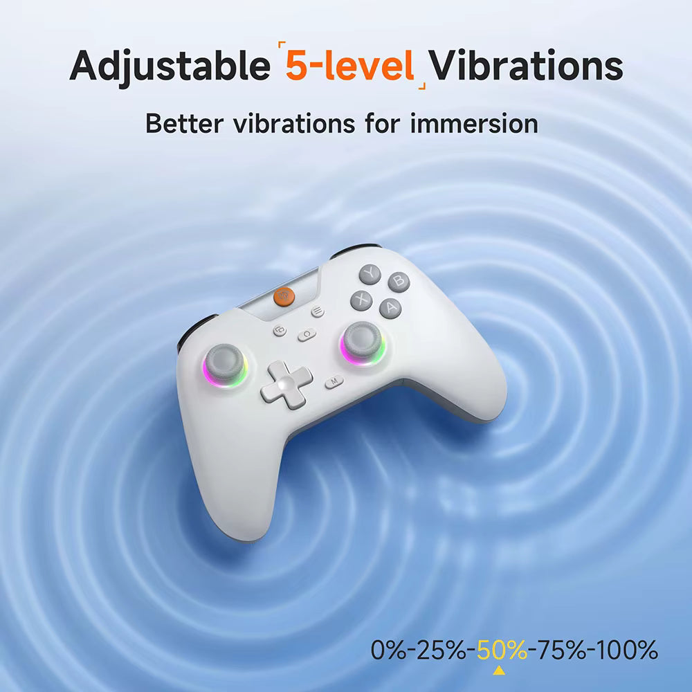 White controller above blue ripple graphic showing adjustable 5‑level vibration for improved immersion.