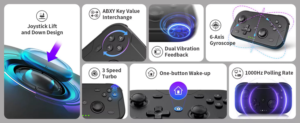 ACEGAMER Pocket Controller feature overview showing joystick lift‑and‑down design, ABXY key interchange, dual vibration feedback, 6‑axis gyroscope, 3‑speed turbo, one‑button wake‑up, and 1000 Hz polling rate. Modern layout with blue and purple lighting effects highlighting advanced gaming technology.
