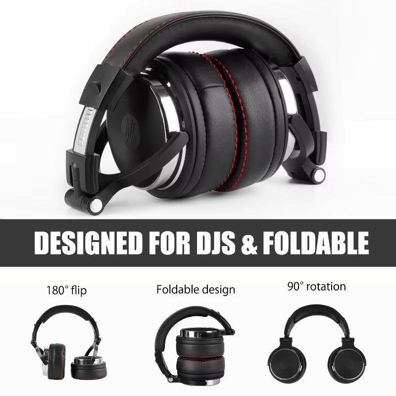 Black over-ear foldable headphones with red stitching, shown on a white background with a dark gray banner reading 'DESIGNED FOR DJS & FOLDABLE' and smaller feature callouts below.