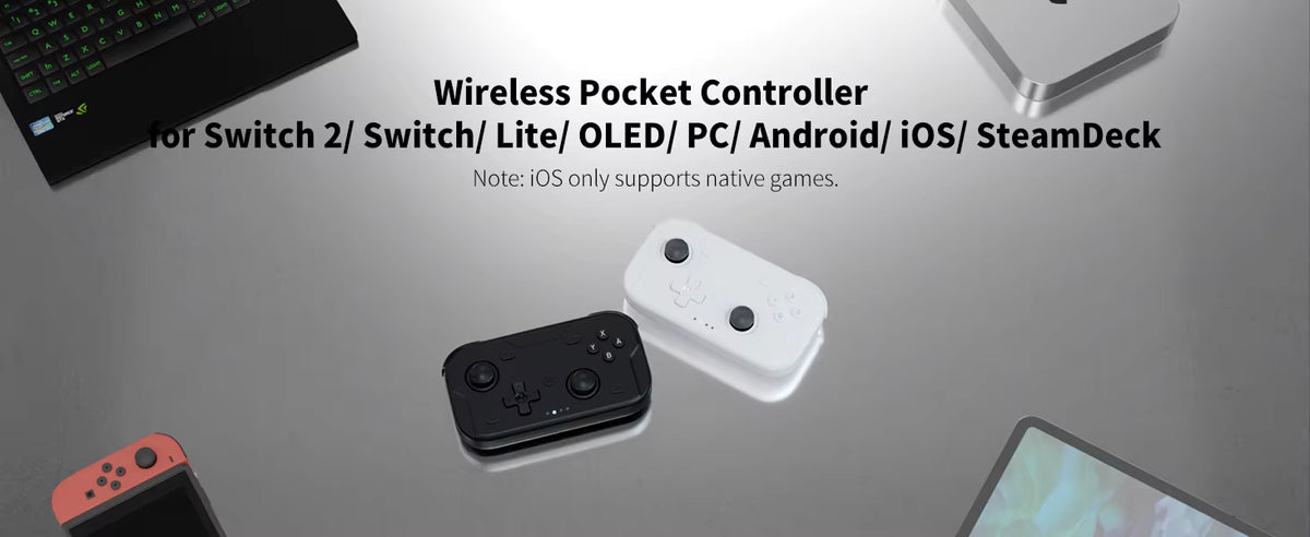 ACEGAMER Wireless Pocket Controllers in black and white displayed with laptop, smartphone, and gaming console. Promotional banner highlighting compatibility with Switch 2, Switch Lite, OLED, PC, Android, iOS, and SteamDeck. Note indicates iOS supports native games only.