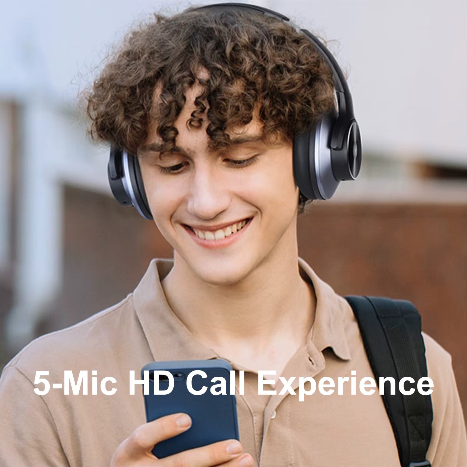 Person wearing OneOdio A10 Hybrid ANC Over-Ear Bluetooth headphones and holding a phone with '5-Mic HD Call Experience' text.