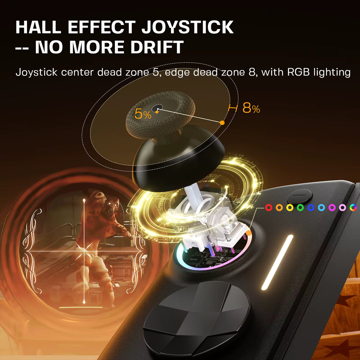 Close‑up of a gaming controller joystick showcasing Hall Effect technology with RGB lighting, highlighting 5% center and 8% edge dead zones for drift‑free precision control.