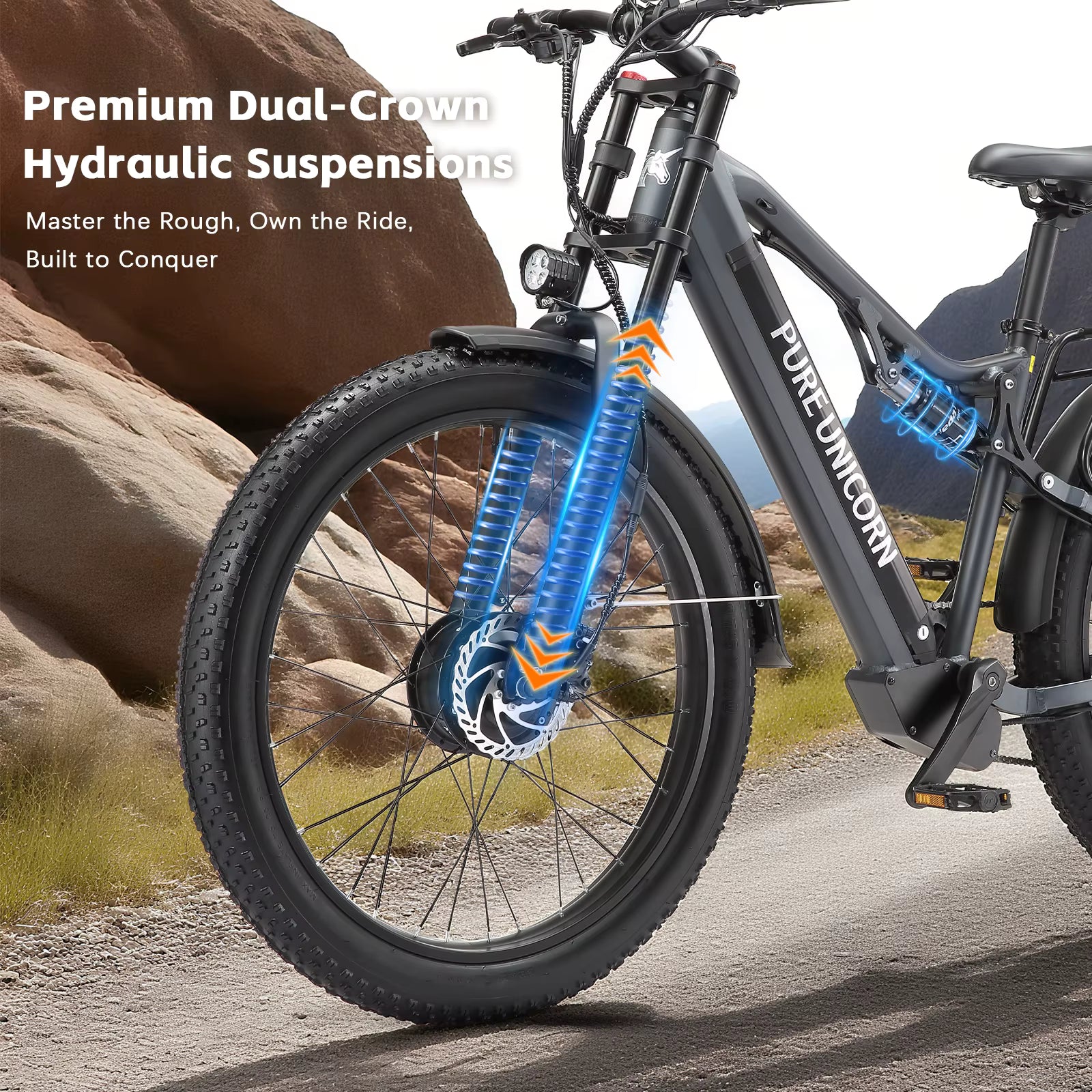 PURE UNICORN U7 Electric bike with premium dual-crown hydraulic suspensions on a rocky trail, featuring the brand 'PURE UNICORN'.