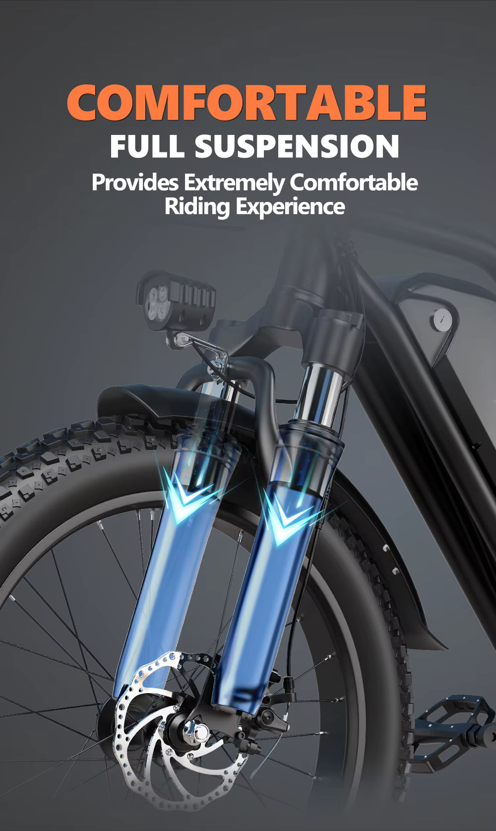 Comfortable full suspension image of  an e-bike front wheel on a grey background