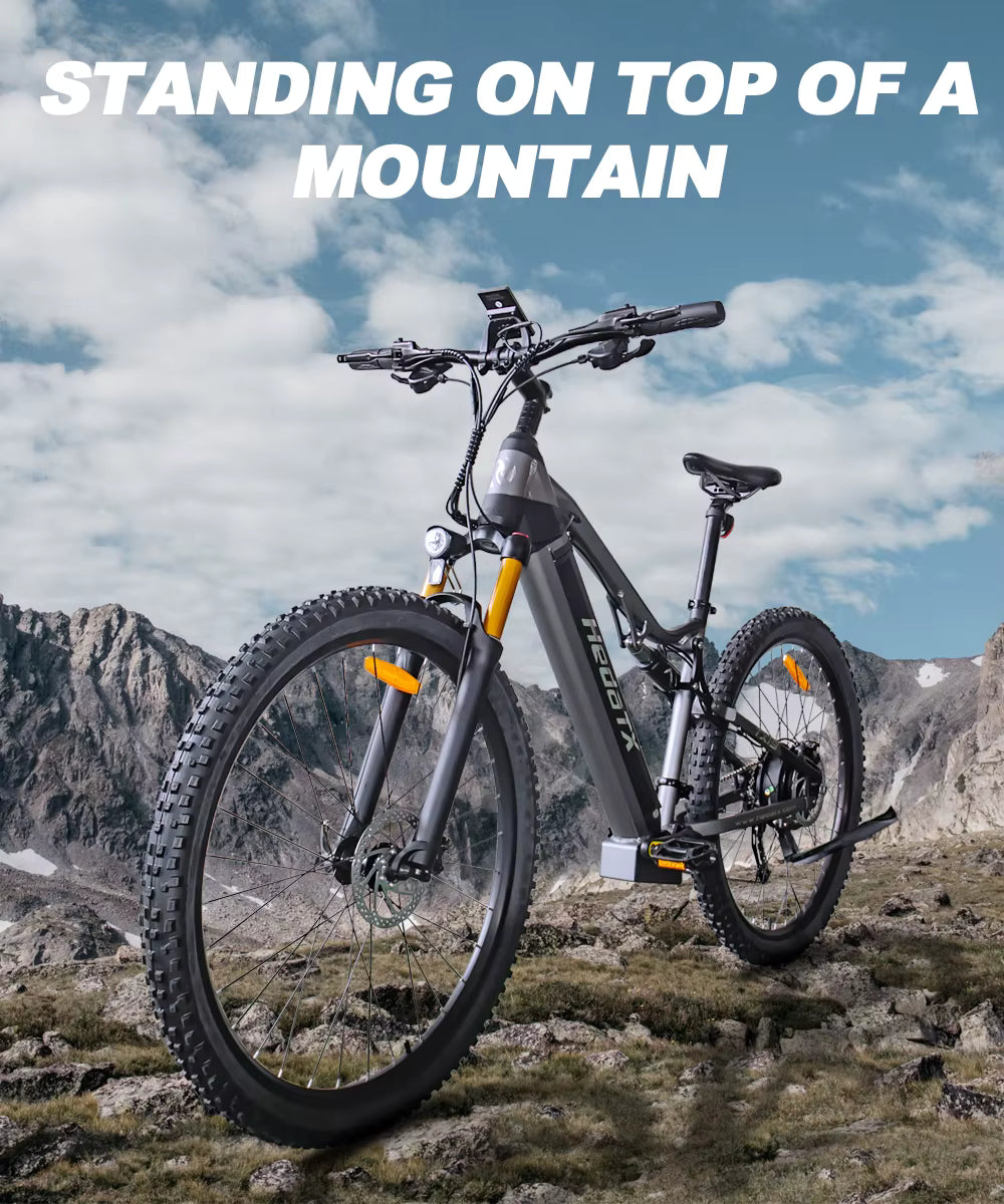 HedaTX TX19 electric Mountain bike on a mountain top with text 'Standing on top of a mountain'.