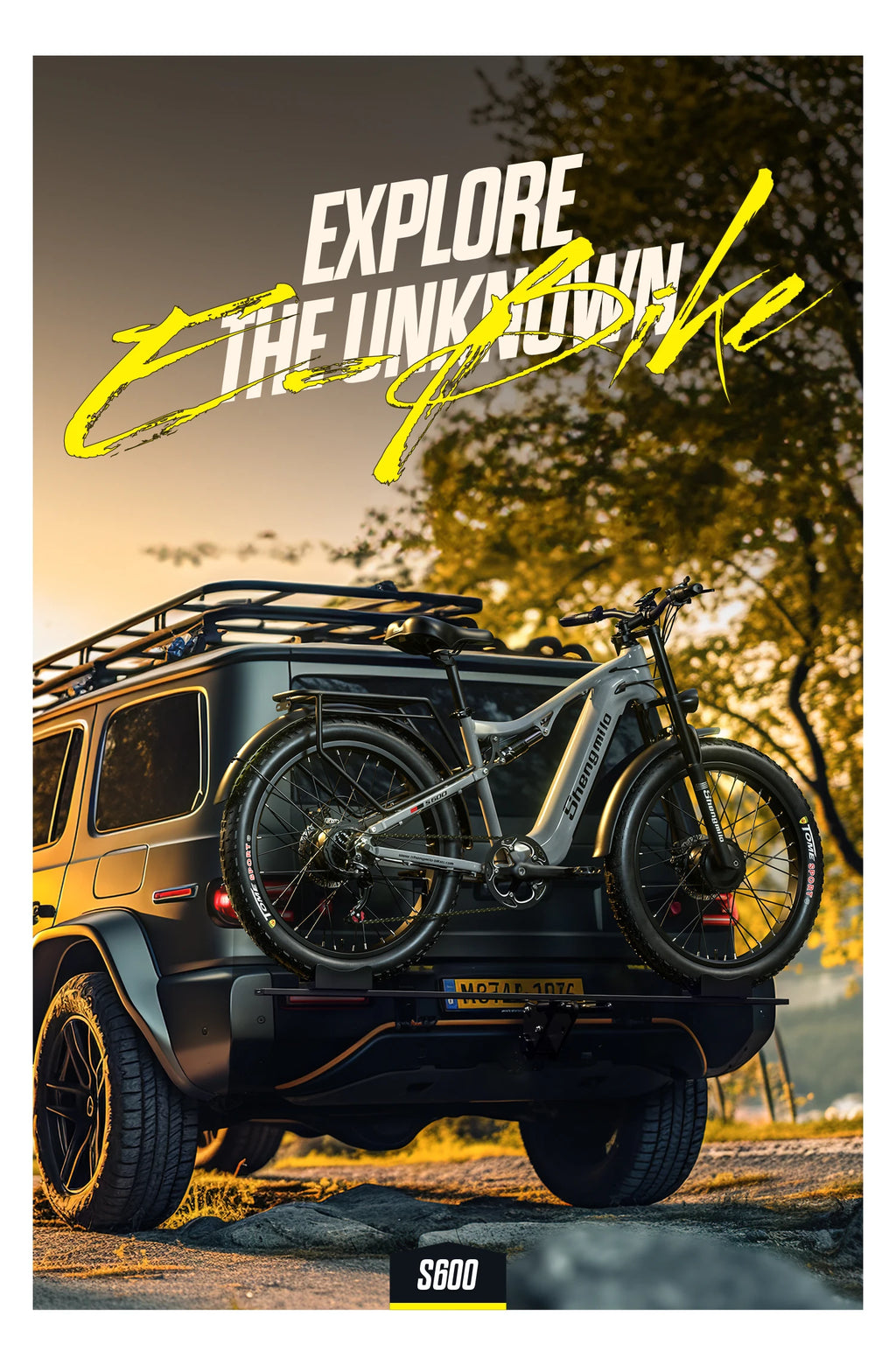 S600 electric bike on a vehicle with 'Explore the Unknown' E-bike text in a scenic countryside setting