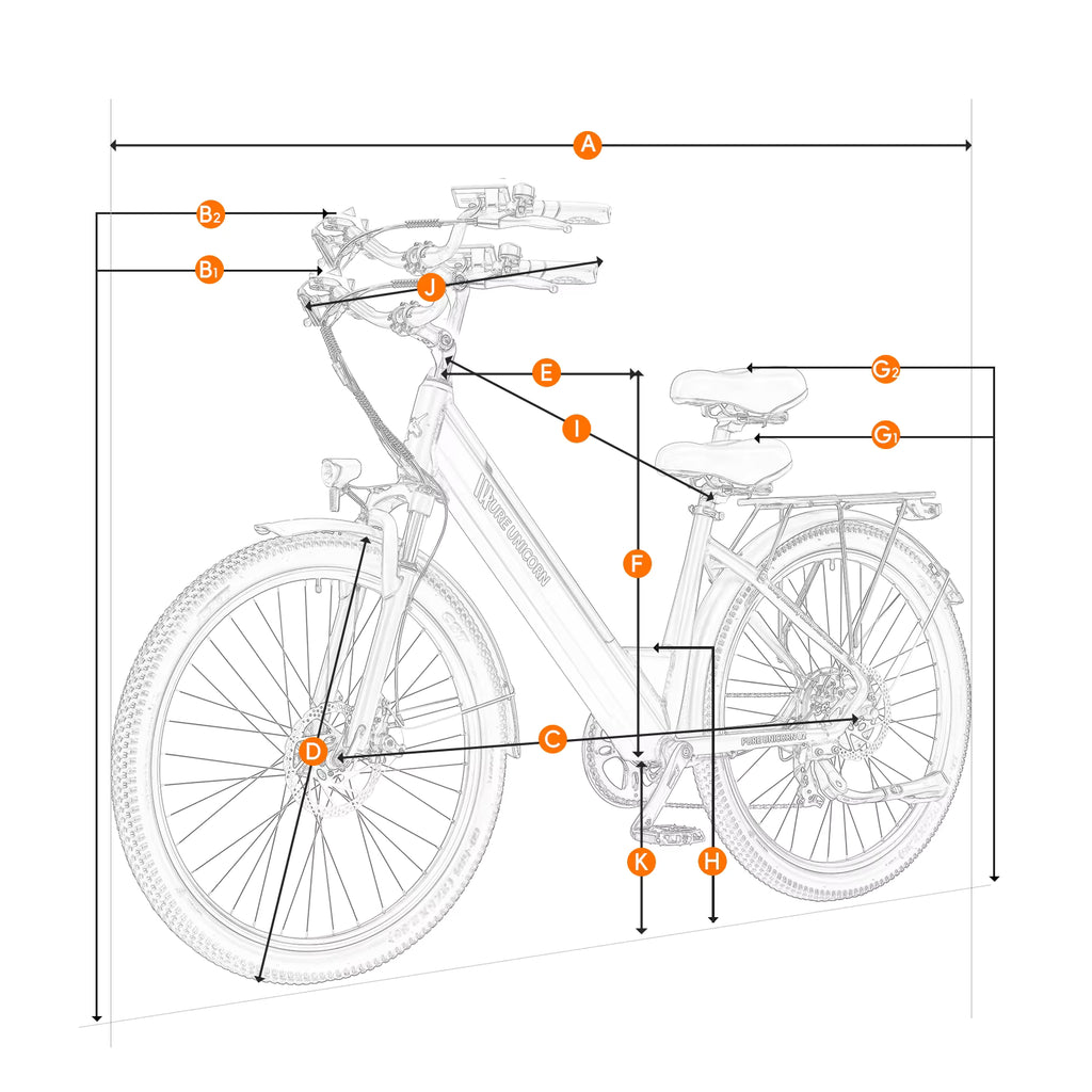 Technical diagram of a PURE UNICORN U2 electric bicycle with labeled parts on a white background