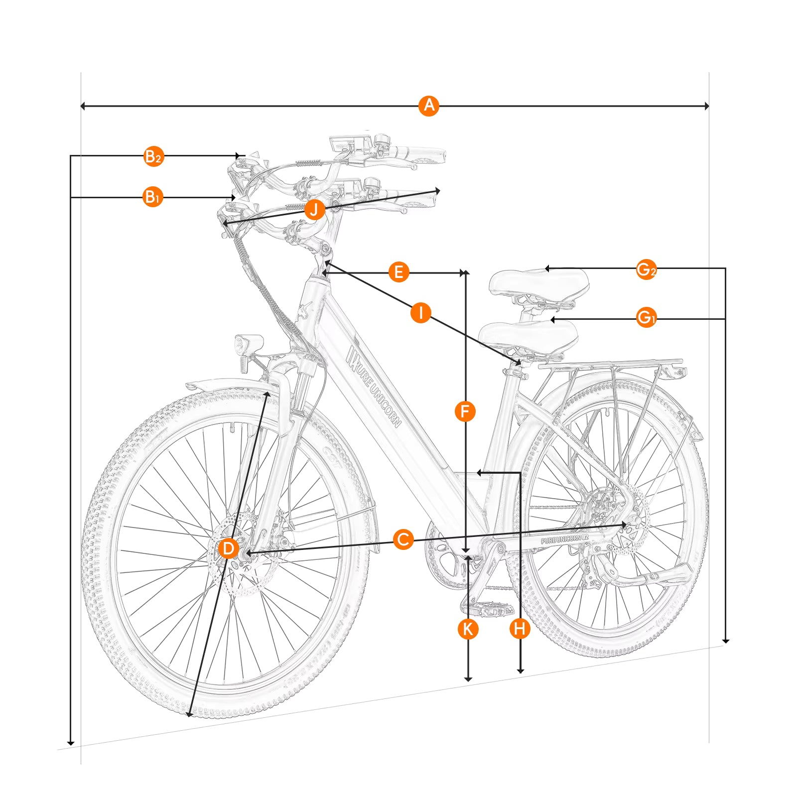 Technical diagram of a PURE UNICORN U2 electric bicycle with labeled parts on a white background
