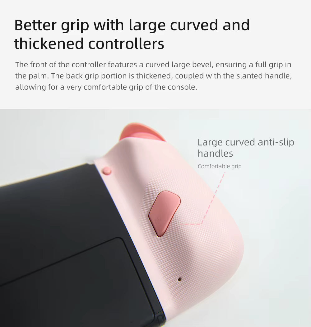Side profile of the Pink M6 HD controller attached to a console, emphasizing the large, curved, anti-slip ergonomic handle design.