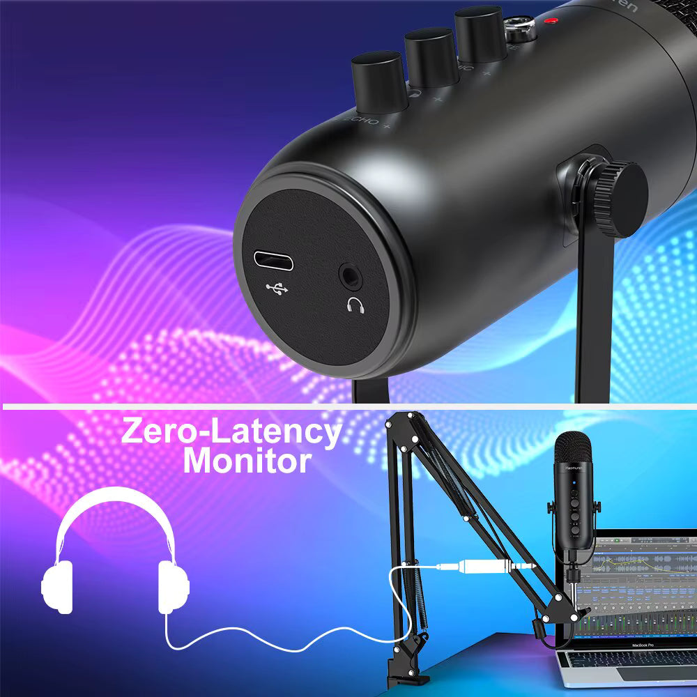 Close-up of the Haomuren microphone body highlighting the zero-latency headphone monitoring jack and physical control ports