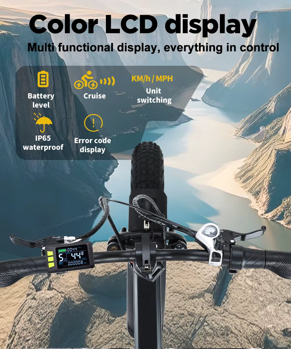 Color LCD display on an electric bicycle handlebar with mountainous landscape in the background